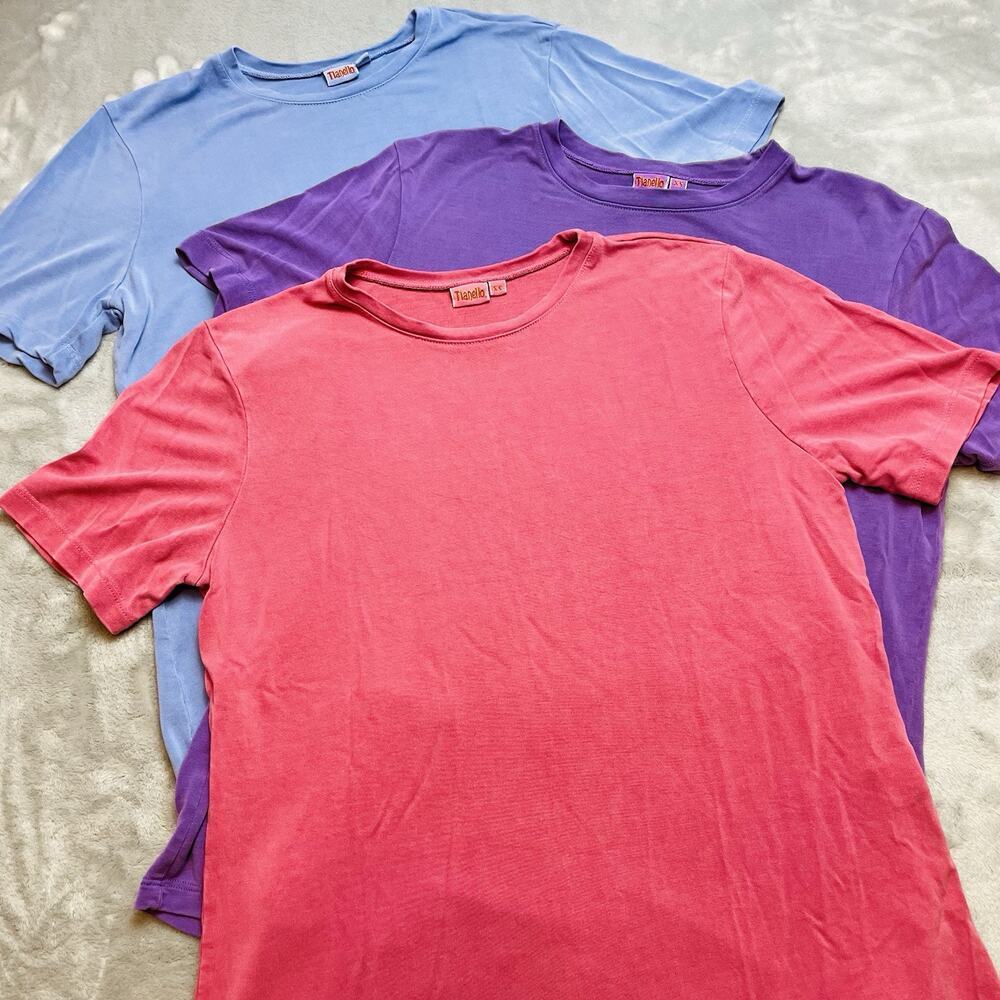 3 Tianello Womens 100% Tencel Tees‎ T-Shirts Sz XS Blue Pink Purple Short Sleeve